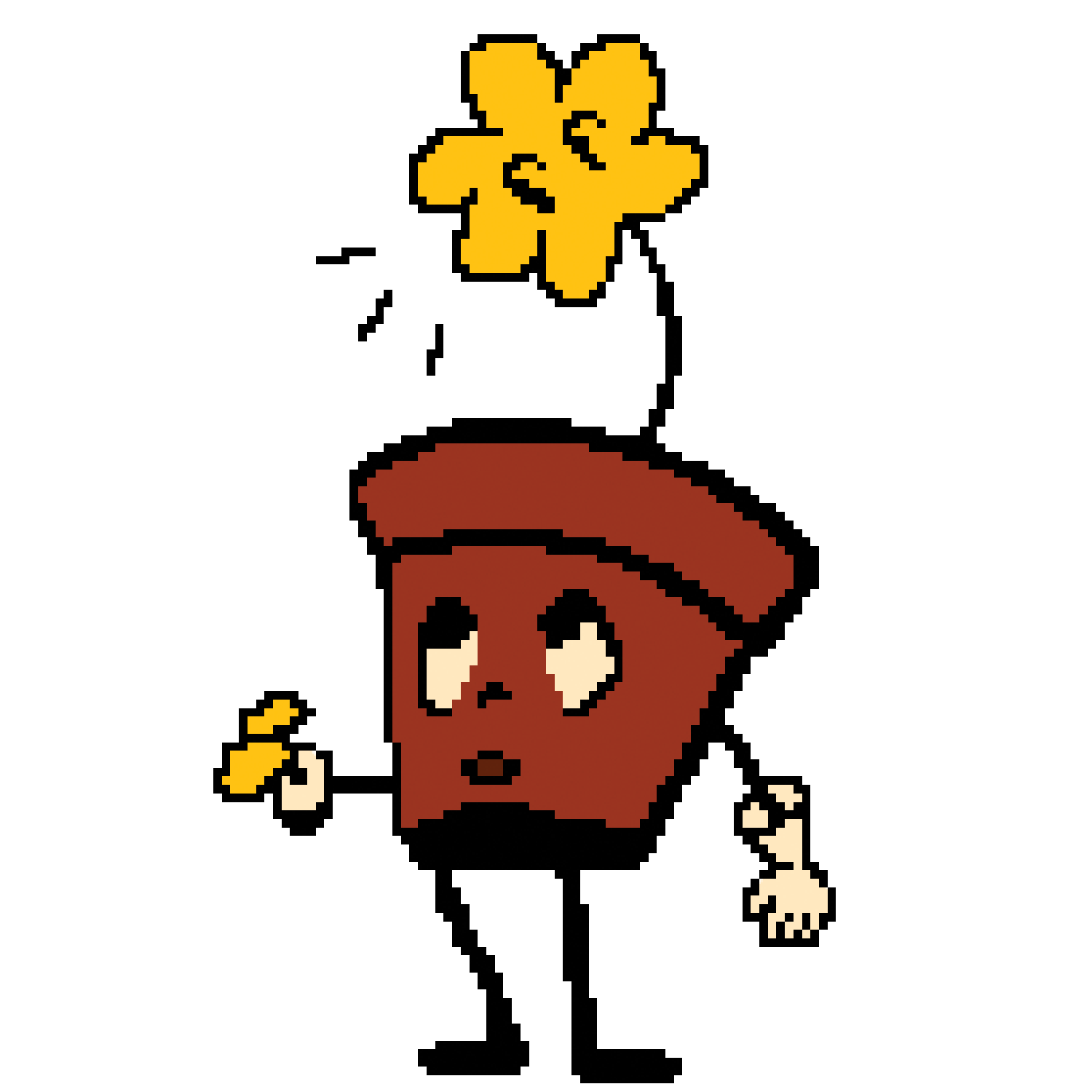 Pixel flowerpot character with a face and small arms, looking up at a yellow flower