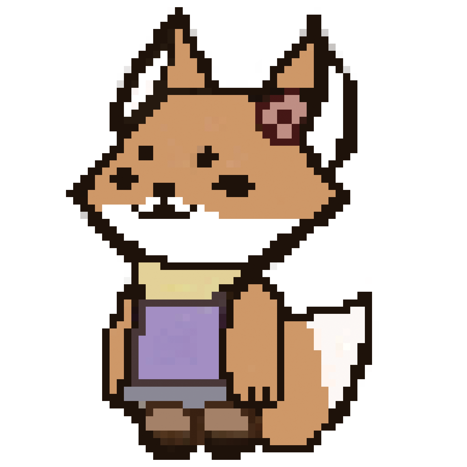 Pixel fox with closed eyes, a flower by one ear, wearing a purple dress and cream collar, white-tipped tail