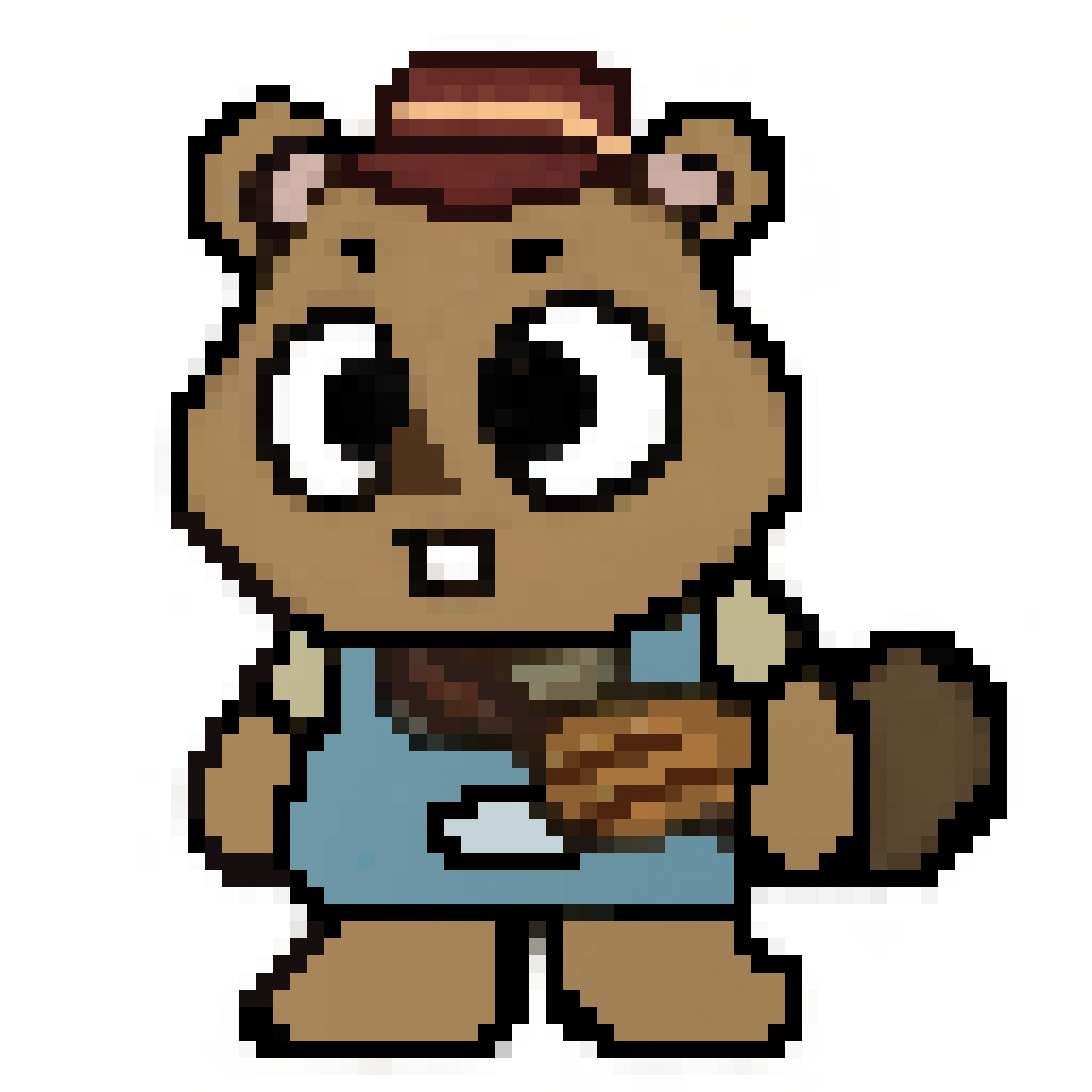 Pixel groundhog in a striped hat and blue apron, wide-eyed, holding a log with a flat tail behind